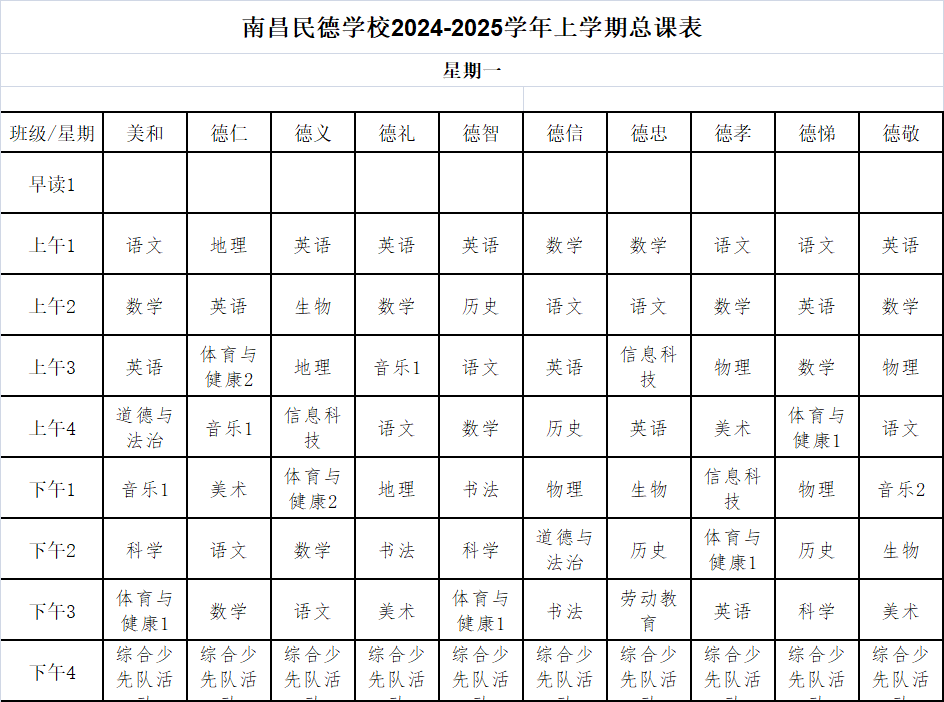 南昌民德学校2024-2025学年上学期总课表