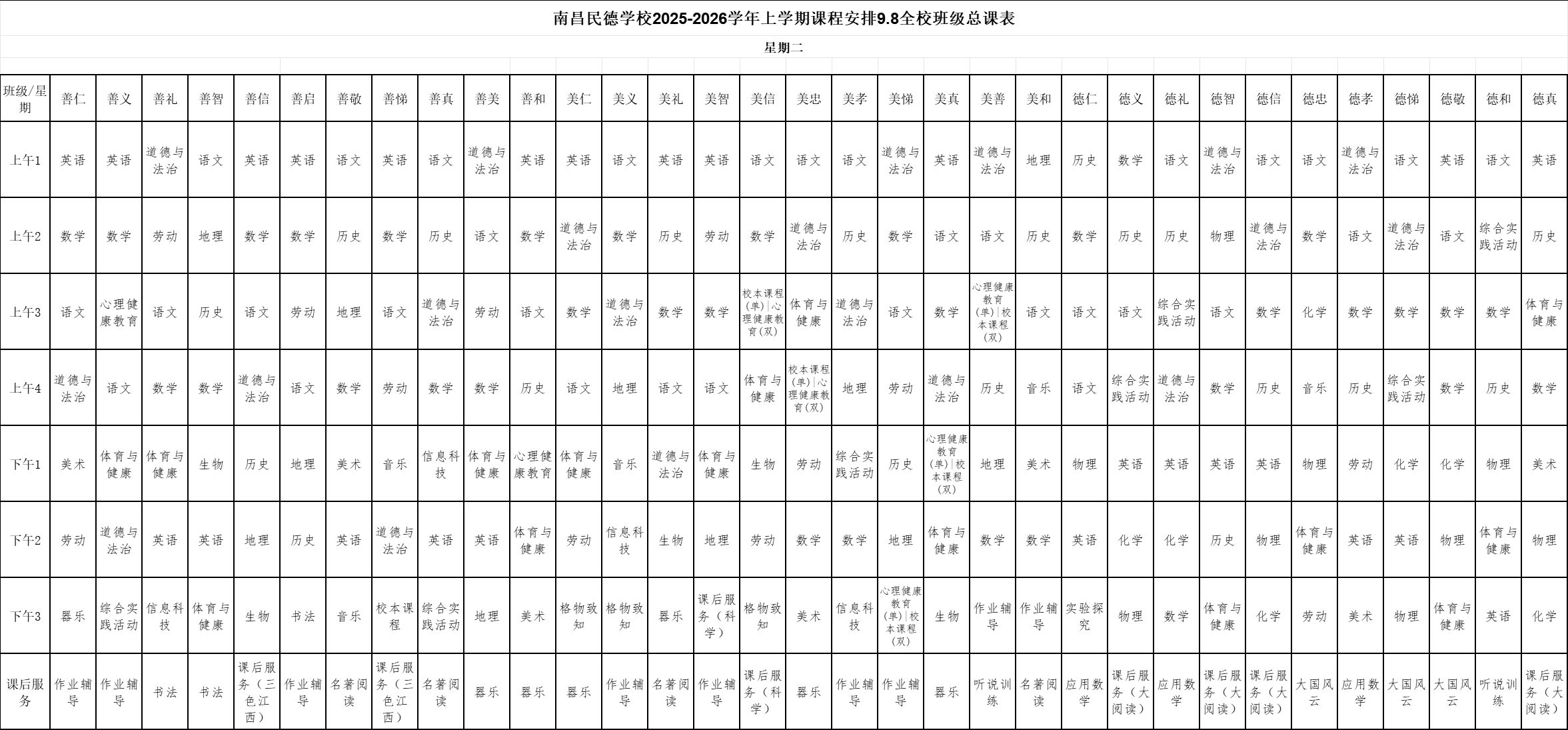 南昌民德学校2025-2026上学期总课表
